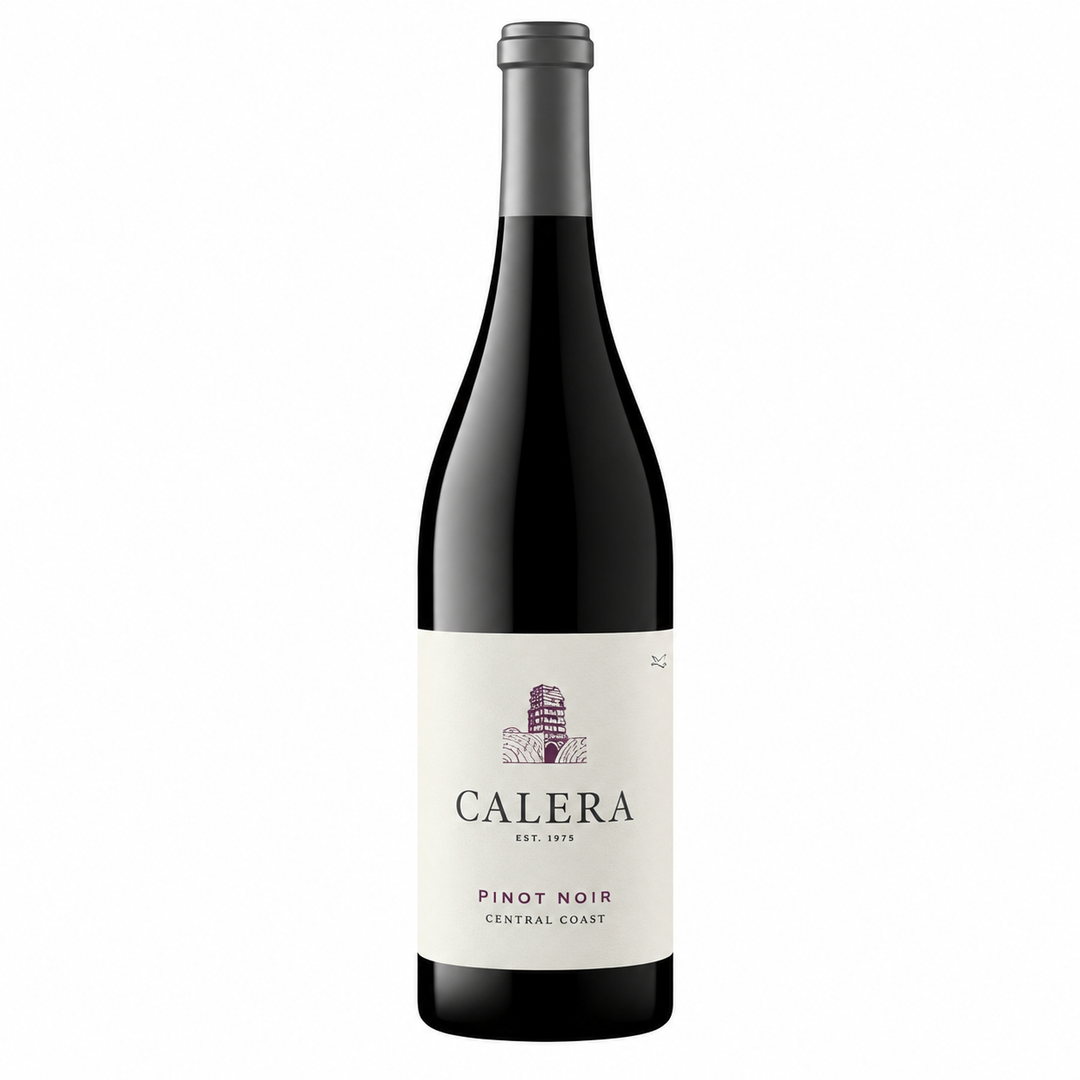 A bottle of Calera Pinot Noir Central Coast red wine, featuring a dark glass bottle with a white label and a silver foil cap, set against a plain white background.