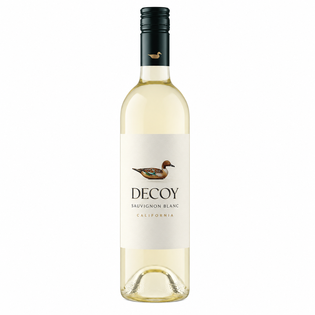 A bottle of Decoy Sauvignon Blanc California white wine, featuring a cream-colored label with a brown duck illustration and a black screw cap, set against a plain white background.