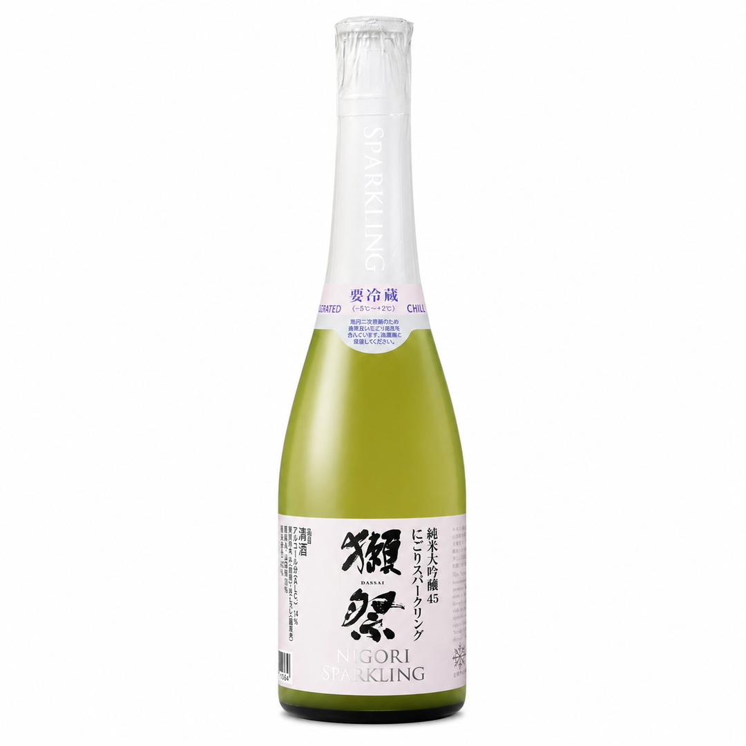 A bottle of Dassai Sparkling Nigori sake on a solid white background. The bottle has a pale green body, a white neck label with black and gold text, and a light pink main label with black Japanese characters