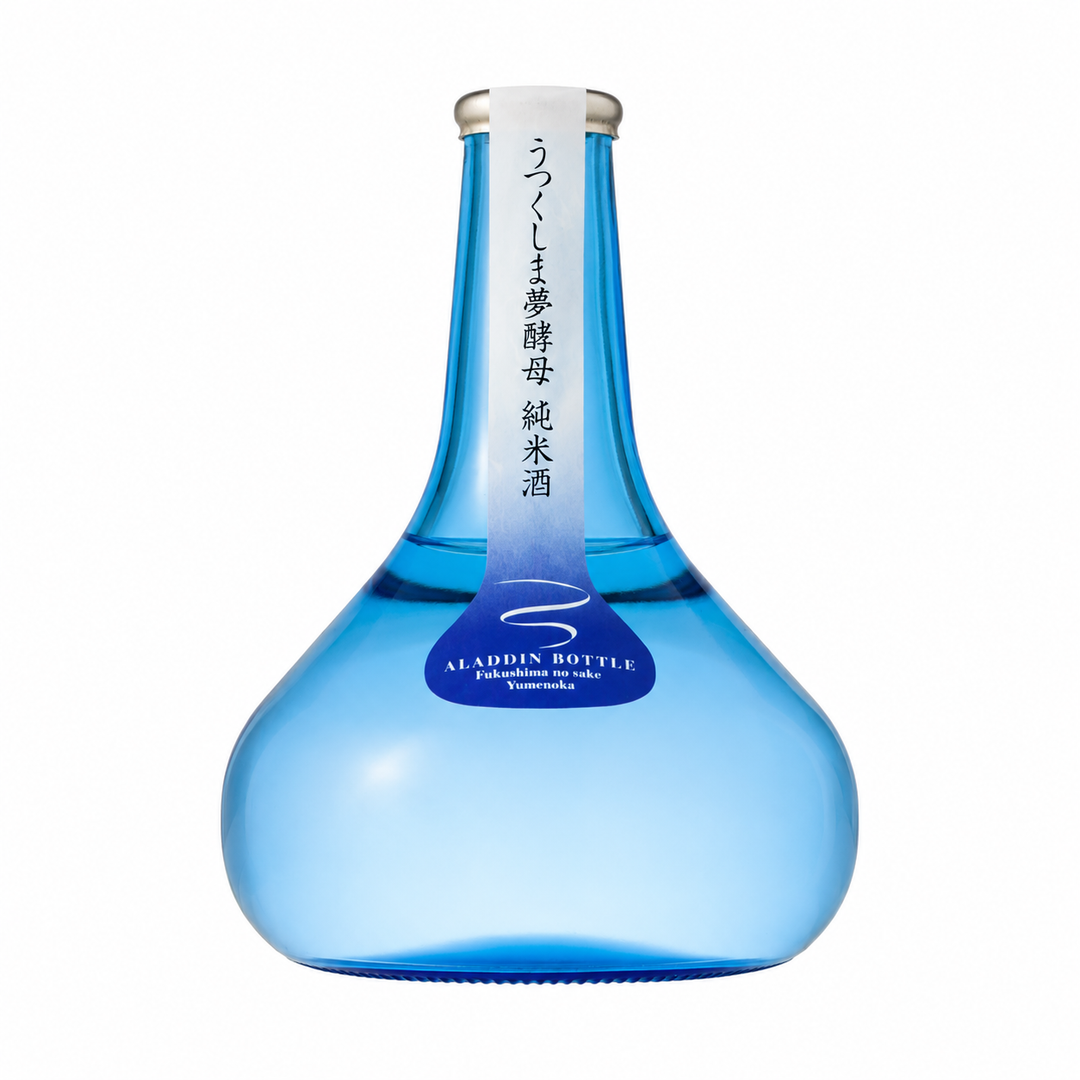 Homare Aladdin Bottle Junmai Sake 300ml – translucent blue-green glass in a round, wide-bottomed flask shape with a slender neck, Japanese calligraphy label, and navy Aladdin Bottle branded badge
