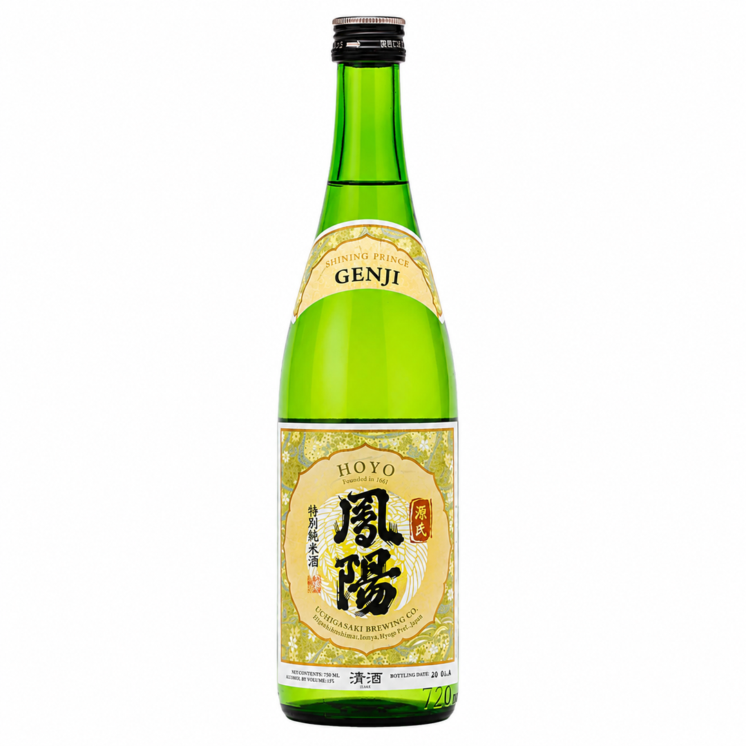 A bottle of Hoyo Genji Japanese sake on a plain white background. The bottle is made of translucent green glass with a black screw cap and features a cream-colored label with gold and black text and graphics.