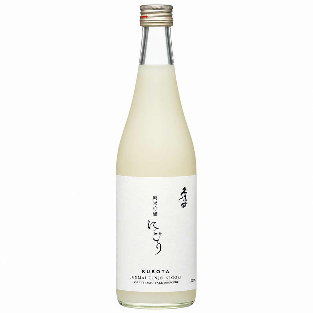 A bottle of Kubota Junmai Ginjo Sake with a pale creamy liquid inside, featuring a white label with black Japanese calligraphy and English text, sealed with a gold cap on a white background.