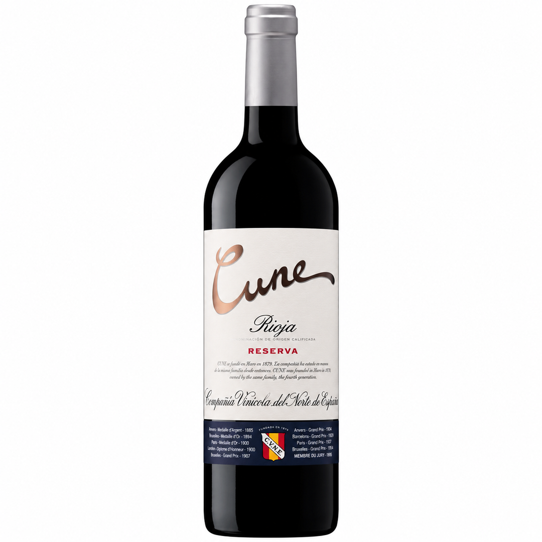 A bottle of Cune Rioja Reserva red wine, featuring a dark glass bottle with a white label and a silver foil capsule at the neck, set against a plain white background.