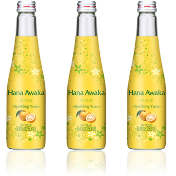 Three bottles of Ozeki Hana Fuga Sparkling Yuzu Citrus Sake, 250ml each, with a yellow and white label featuring citrus blossoms