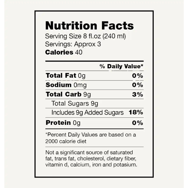 Nutrition facts label for a product with specific details about calories, fat, sodium, carbs, sugars, and protein.