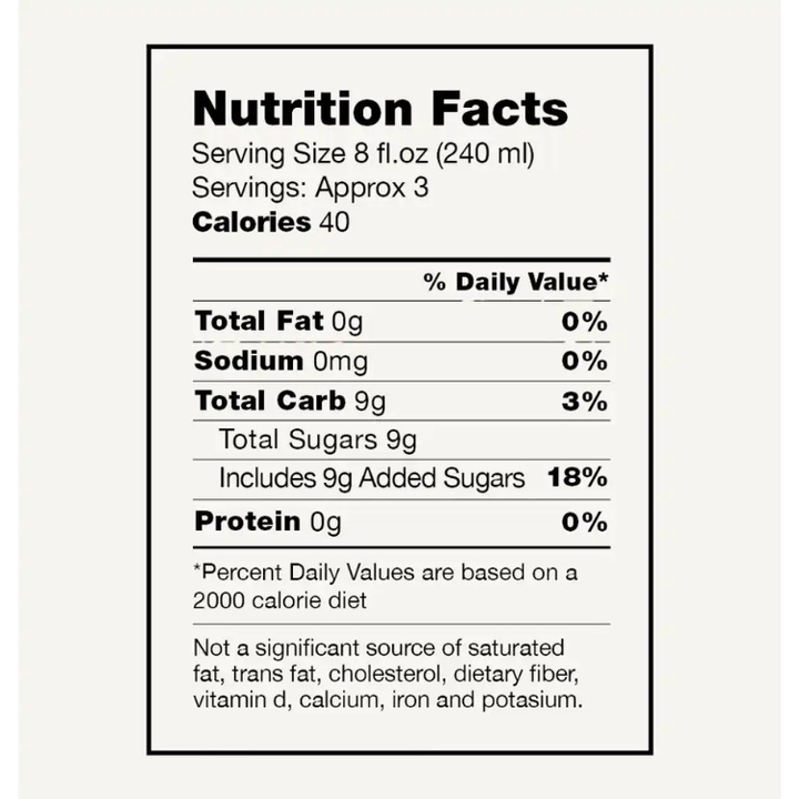 Nutrition facts label for a product with specific details about calories, fat, sodium, carbs, sugars, and protein.
