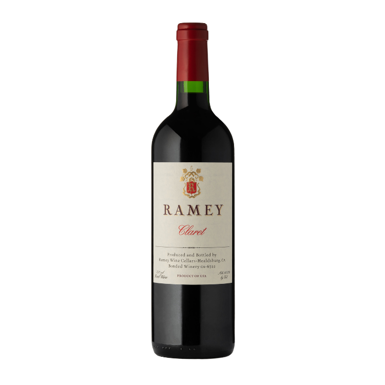 Bottle of Ramey Claret red wine on a white background