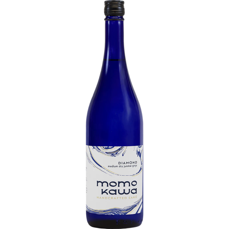 Blue bottle of momokawa with a white label on a white background