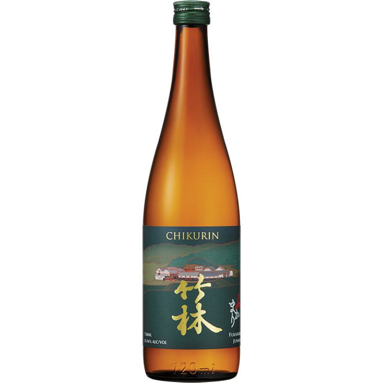 Bottle of Chikurin sake with a green cap on a white background