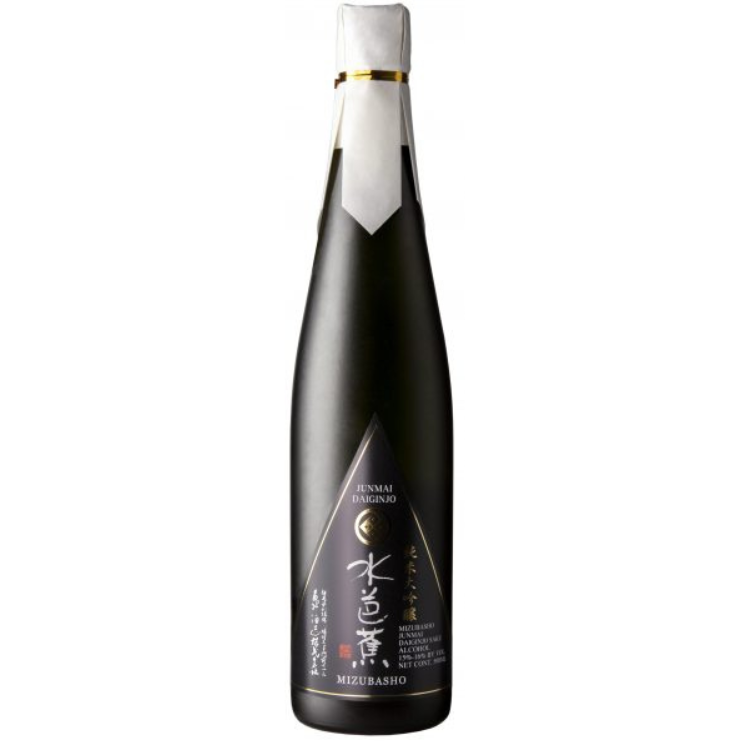 Bottle of Mizubasho sake on a white background